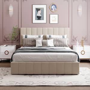 Beige Queen Size Upholstered Platform Bed with a Hydraulic Storage System