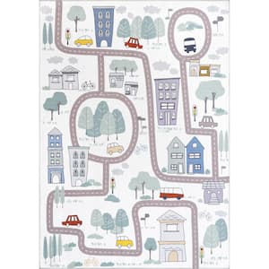 Chalea Kids Town Machine Washable White 7 ft. x 9 ft. Area Rug