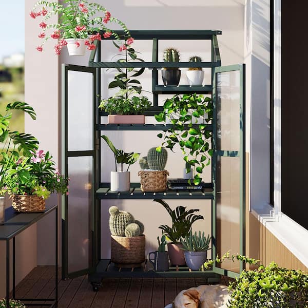 62 in. High Wood Trellis with Wheels and Adjustable Shelves for Indoor and Outdoor Use