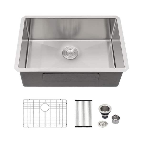 27 in. Undermount Sink Single Bowl 16-Gauge Brushed Stainless Steel Kitchen Sink with Bottom Grid