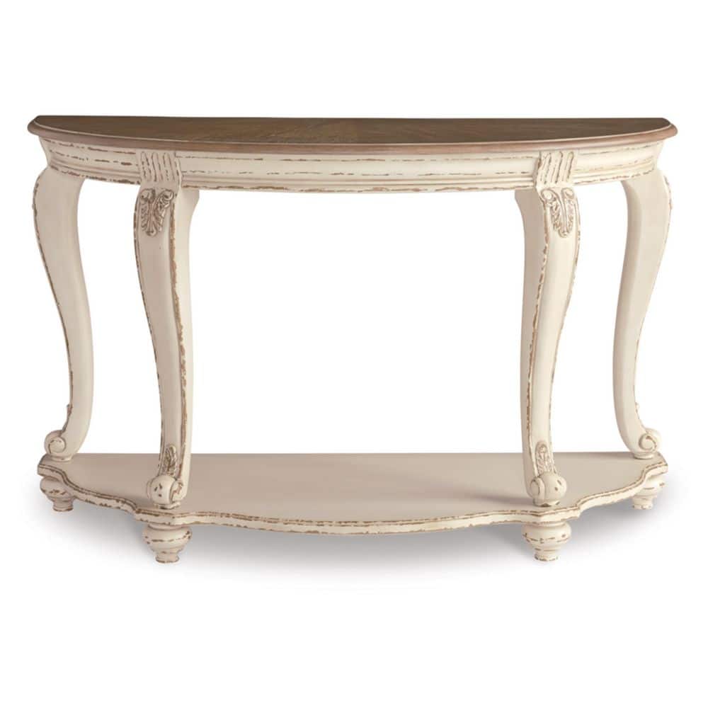 Realyn Demilune Sofa Table with Storage in Distressed White/Brown