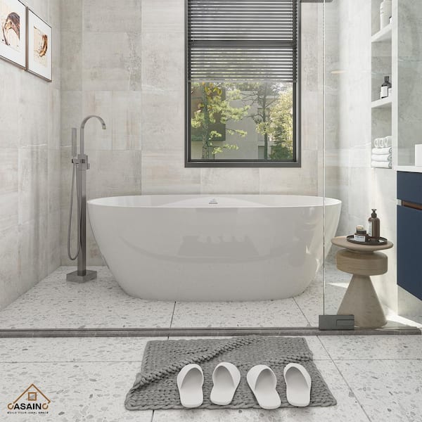 CASAINC 67 in. 31 in. Stone Resin Solid Surface Oval Soaking Bathtub in Glossy White with Standing Faucet in Brushed Nickel