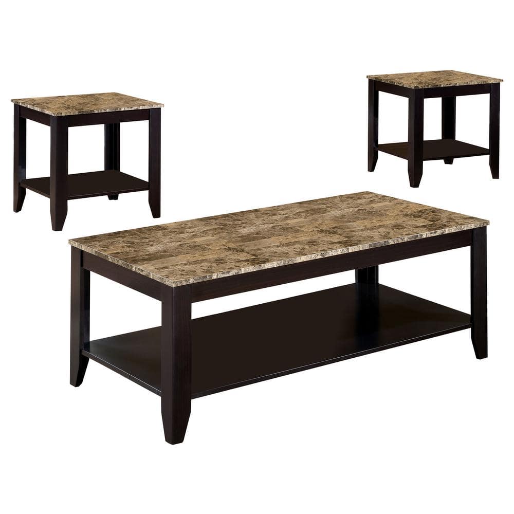Monarch Specialties Table Set  3pcs Set  Coffee  End  Side  Accent  Brown Marble Look Laminate