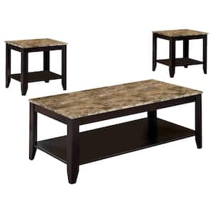 3-Piece 48 in. Cappuccino/Brown Large Rectangle Marble Coffee Table Set with Shelf