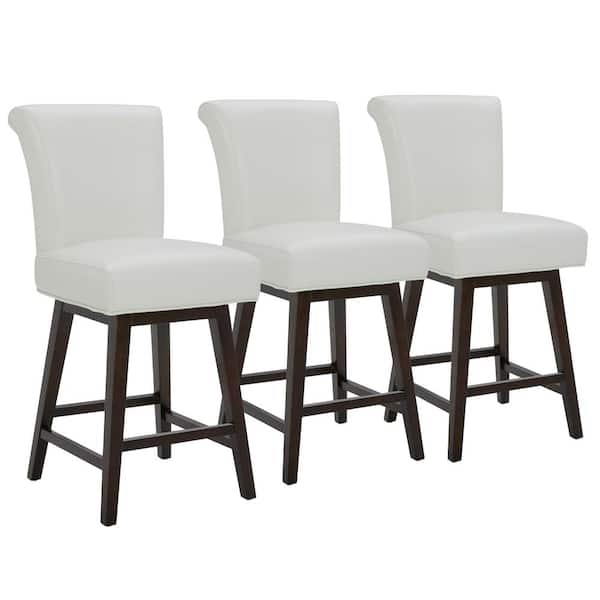 Spruce & Spring Dennis 26 in. Pure White High Back Solid Wood Frame Swivel Counter Height Bar Stool with Faux Leather Seat(Set of 3)