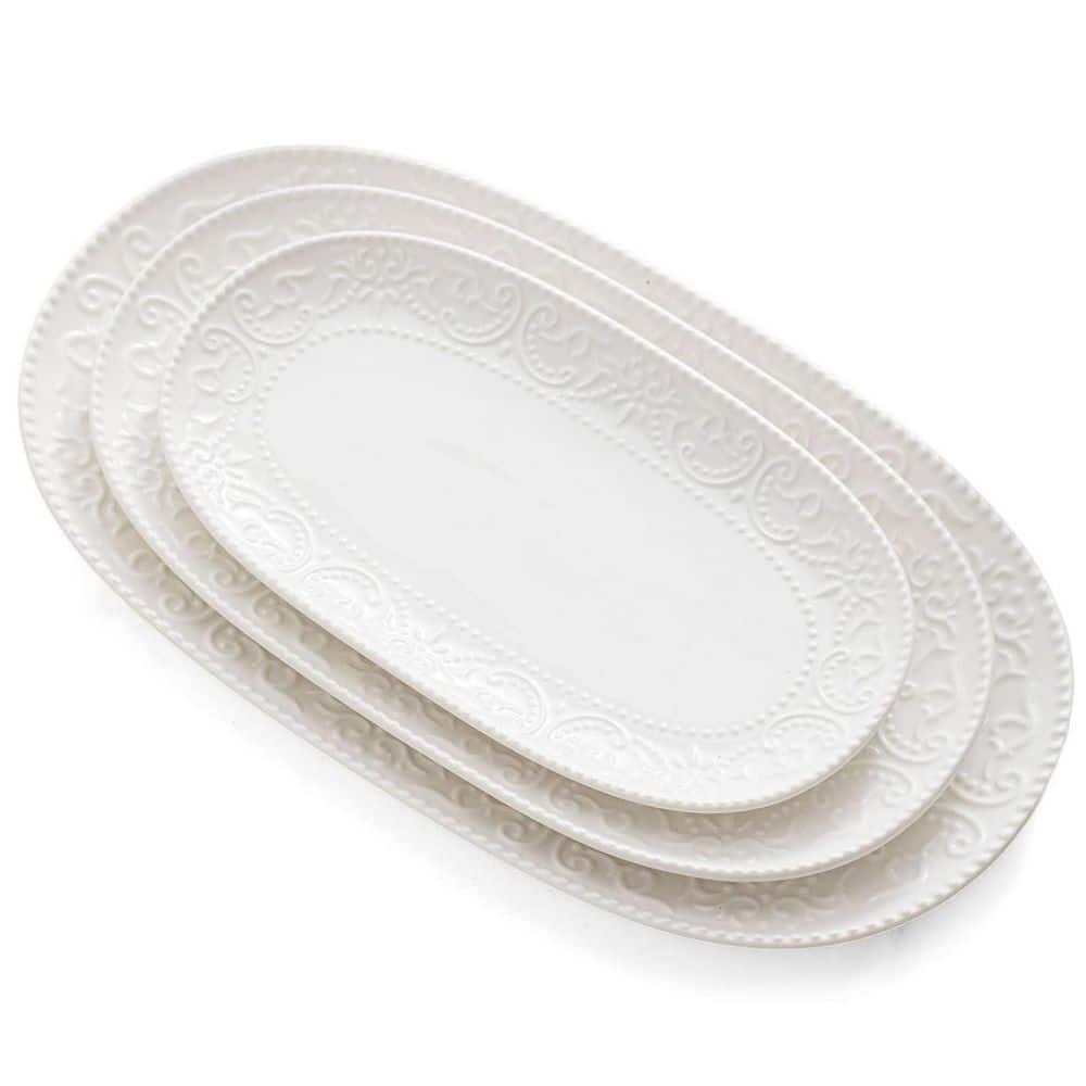 Wudkey 14/12/10 in. White Ceramic Oval Serving Platter Embossed ...