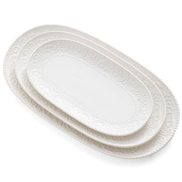 14/12/10 in. White Ceramic Oval Serving Platter Embossed Stackable Porcelain Tray for Family Dining Dessert (Set of 3)