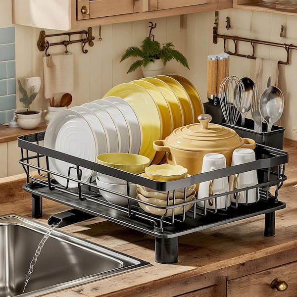 Black Stainless Steel Dish Drying Rack with Drainboard Removable Utensil Holder Large Capacity Countertop Organizer