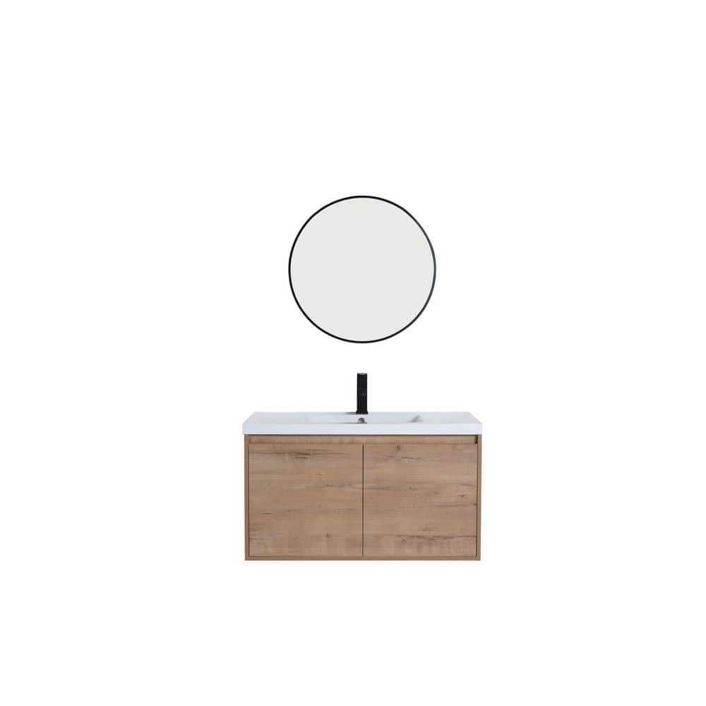 Solid Wood 36 in. Floating Natural Wood Brown Bath Vanity with White Resin 