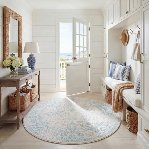Adirondack 8 ft. x 8 ft. Round Ivory/Light Blue Border Distressed Area Rug