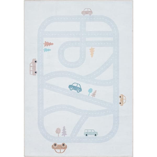 Well Woven Playful Roads Modern Kids Light Grey 3 ft. 3 in. x 5 ft. Machine Washable Flat-Weave Area Rug