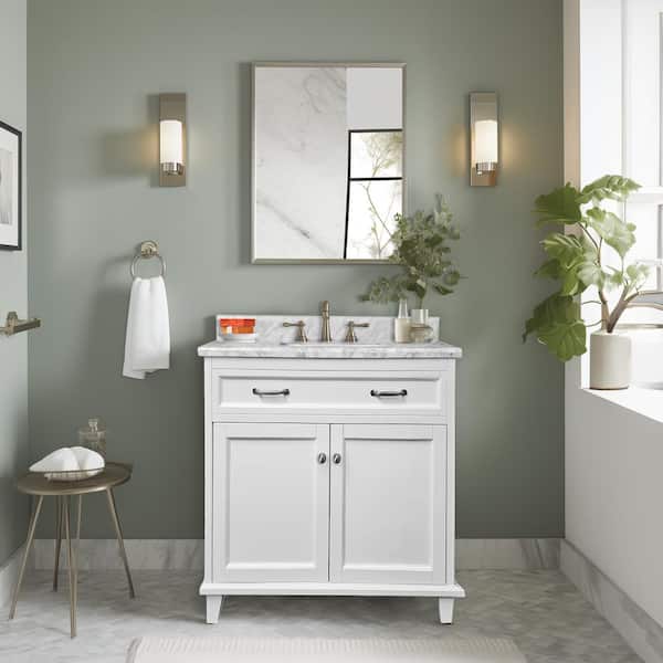 Dreamwerks 30 In. W x 22.4 In. D x 35 In. H Freestanding Bathroom Vanity in White with Solid Wood and Carrara Marble Top