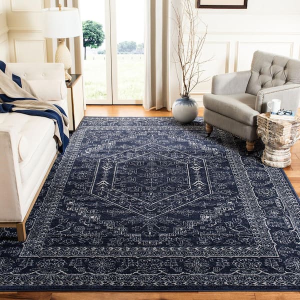 Adirondack Navy/Ivory 8 ft. x 8 ft. Square Border Area Rug