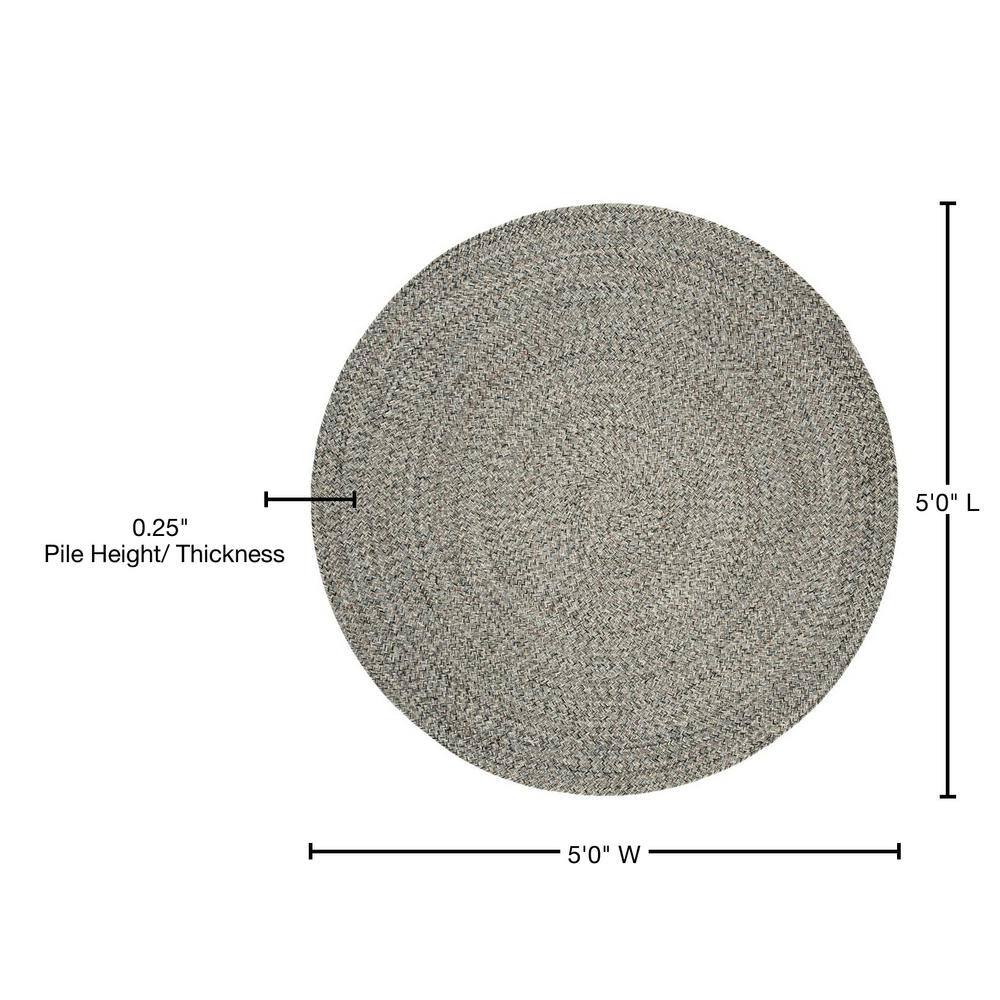 Ivory and Steel Grey Braided Round Wool Cotton Rug, 5' x 5'