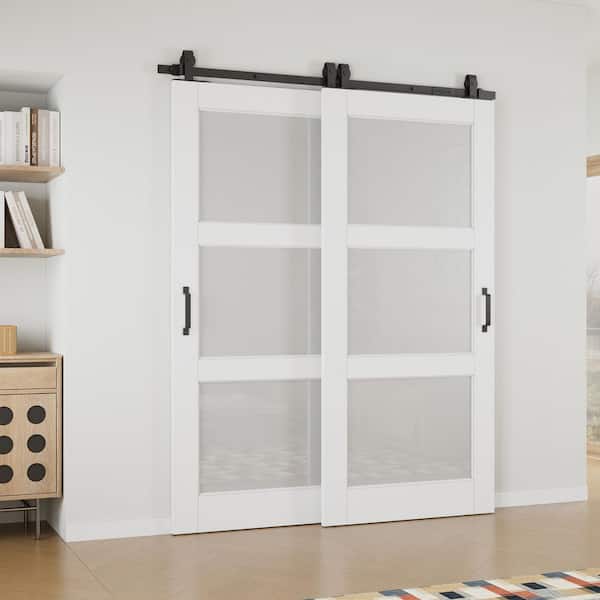 72 in. x 80 in. (Double 36 in. ) 3 Lite Frosted Glass White Primed MDF Sliding Barn Door with Hardware Kit Bypass