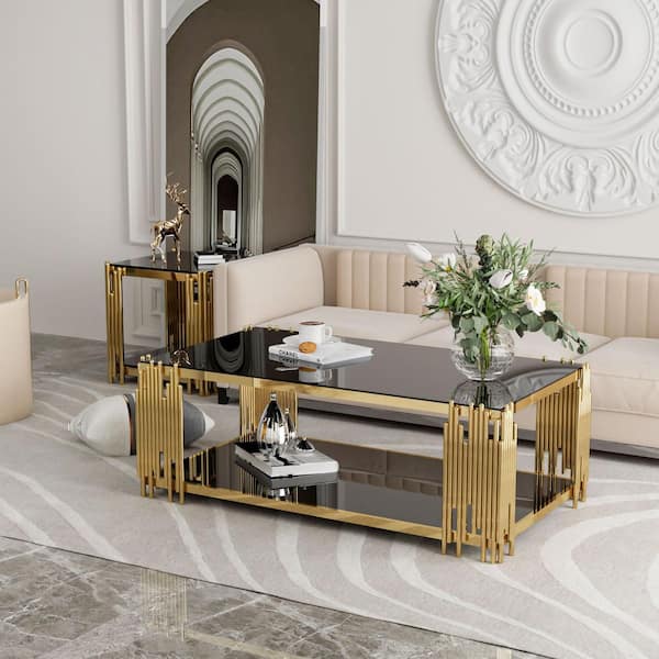 51 in. Black Rectangle Glass Coffee Table, Tempered Glass and Stainless Steel Legs, 2-Tier Center Table for Living Room