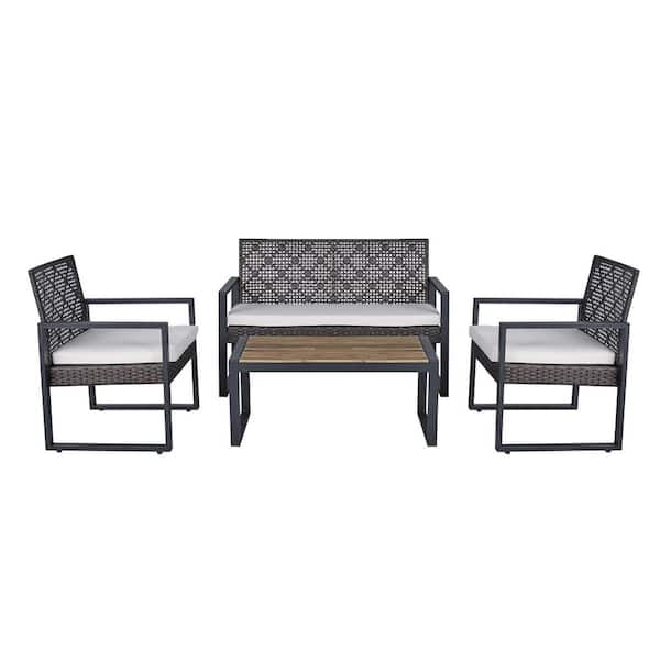 Brown 4-Piece Wicker Patio Conversation Set with Beige Cushions