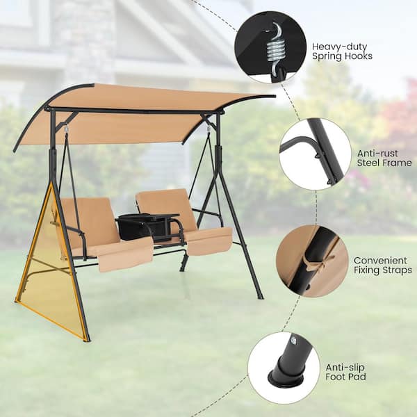 Costway 2 Person Canopy Metal Porch Swing Padded Chair Cooler Bag