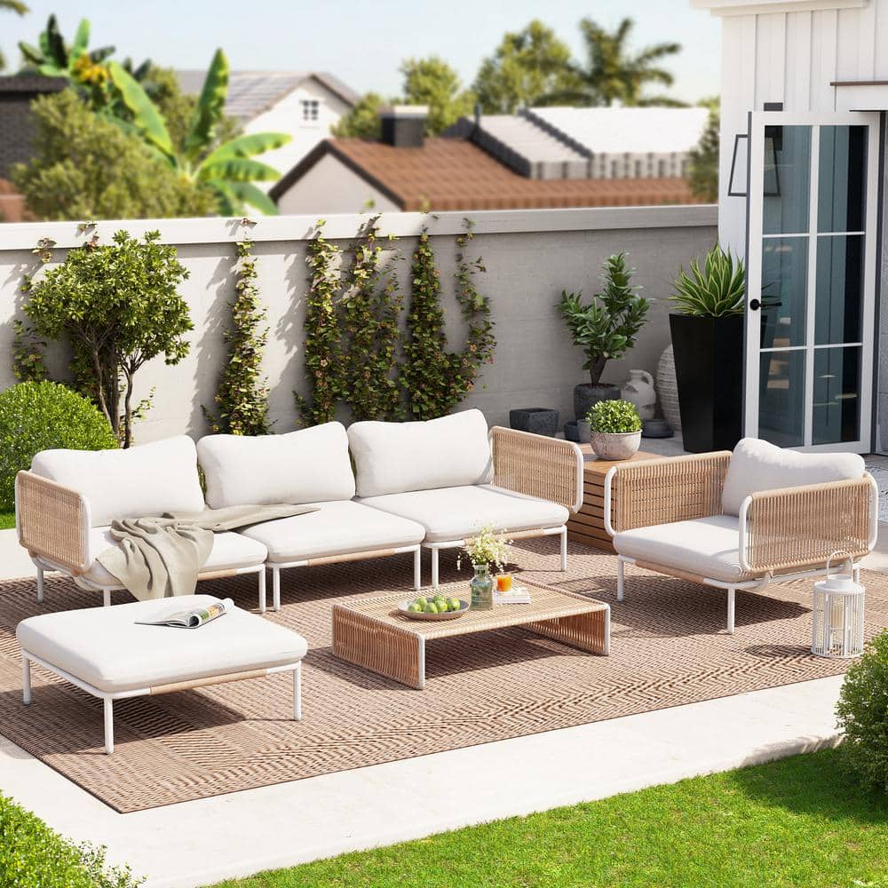 5-Piece Drawcord Metal Outdoor Sectional Set with 10 Beige Cushions and 8 Removable armrests Patio Furniture Set