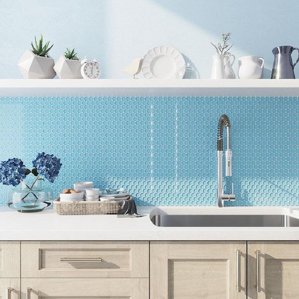 Sea Blue 12 in. x 12 in. Penny Round Polished Glass Mosaic Tile (5-Pack) (5 sq. ft./Case)
