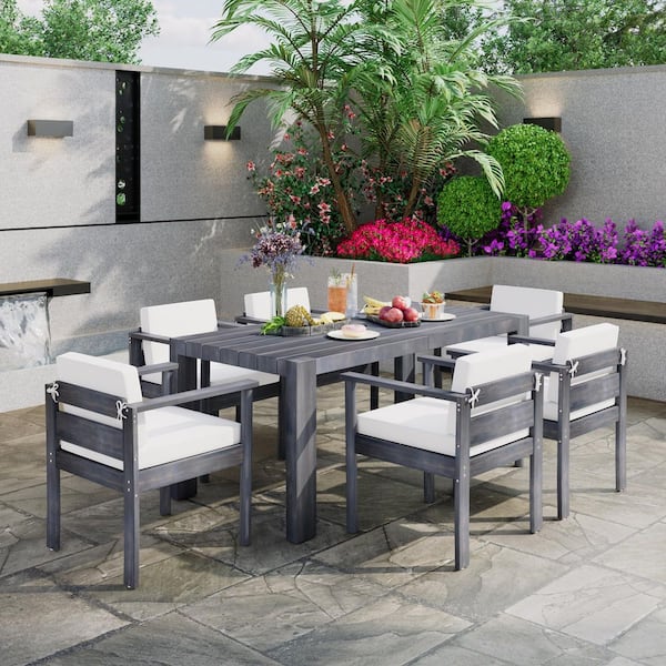 Unbranded 7-Piece Acacia Wood Outdoor Dining Table Set with Beige Cushions and 6-Dining Chairs, Rectangle Table, Gray
