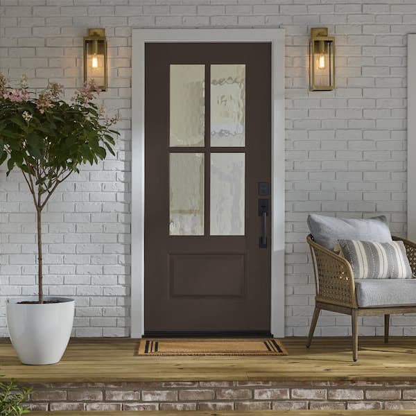 Regency 36 in. x 80 in. Universal Handing 3/4L 4SDL Oasis Decorative Glass Hickory Stain Fiberglass Front Door Slab