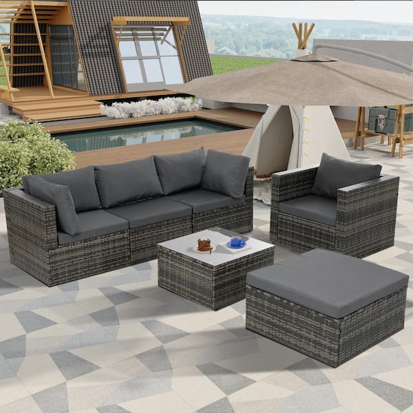 Zeus & Ruta Gray 6-Piece Metal Wicker Outdoor Sectional Set with Gray Cushions and Tempered Glass Coffee Table