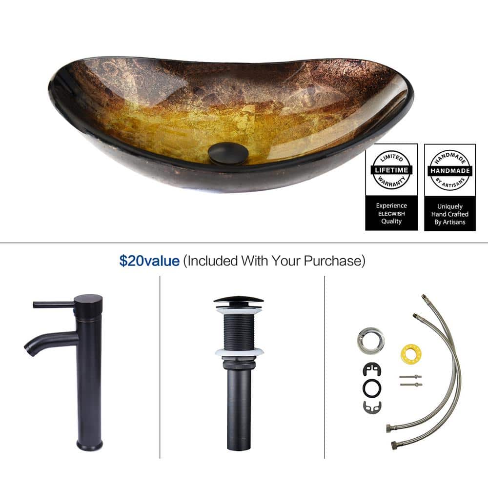 Yellow and Black Glass Oval Vessel Sink with Faucet and Drain