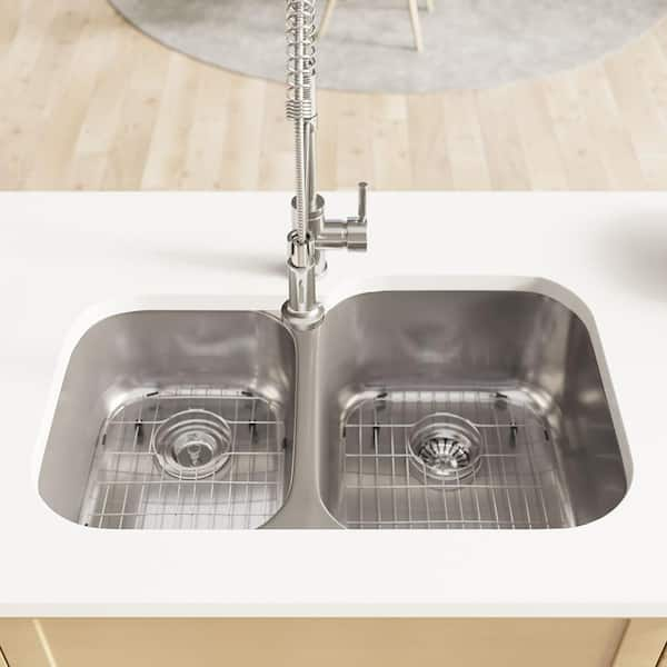 Rene Undermount Stainless Steel 32 in. Double Bowl Kitchen Sink Kit