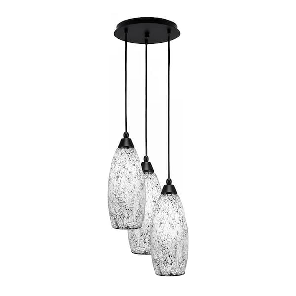 Unbranded Savannah 15 in. 3-Light Matte Black Cord Pendant Light Black Fusion Glass Shade