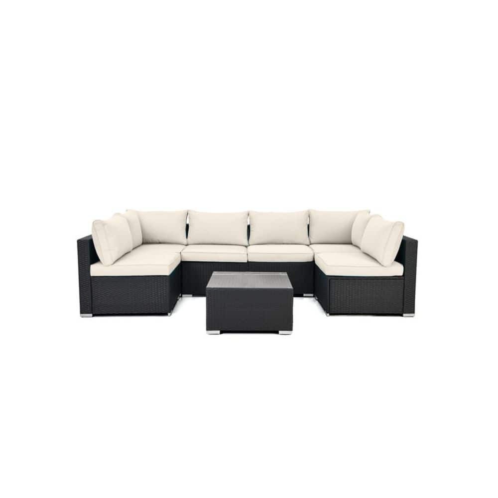 Beige Cushioned 7-Piece Black Wicker Outdoor Sectional Set