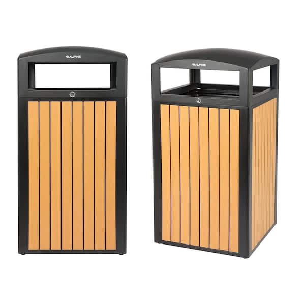 40 Gal. Cedar Panel Steel All-Weather Outdoor Commercial Trash Can Receptacle with Lid and Liner (2-Pack)