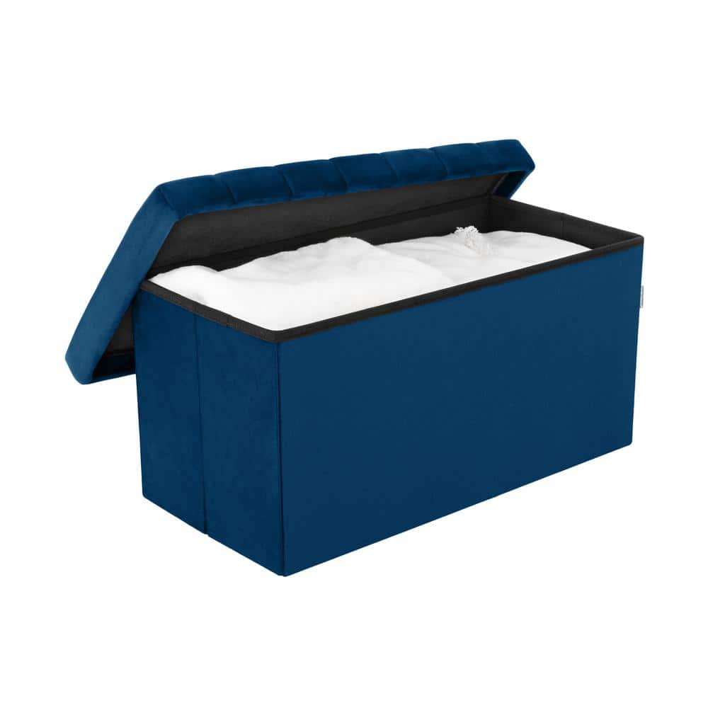 Blue Velvet Tufted Storage Trunk Ottoman, 30 Inch