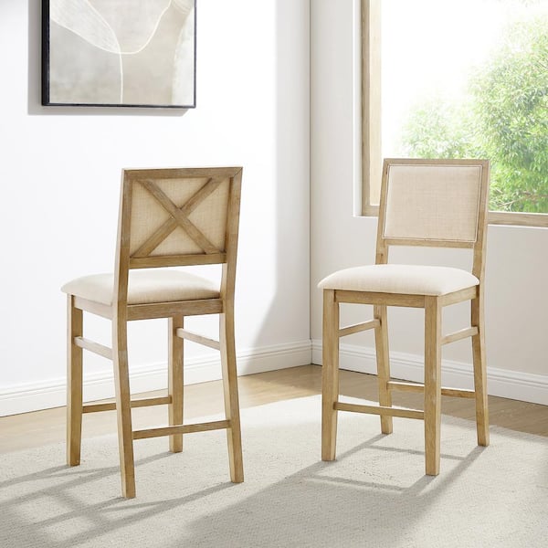 Joanna 26 in. Rustic Brown Wooden Counter Stool with Linen Seat (Set of 2)