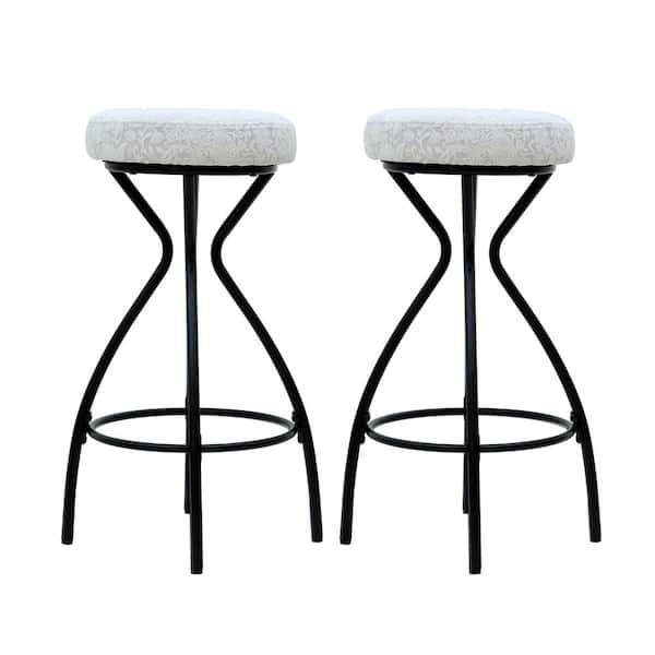 CSC DECOR INC White Print Velvet Bar Stools Set of 2 Modern Round Backless Upholstered Counter Stool Dining Chair for Kitchen Island