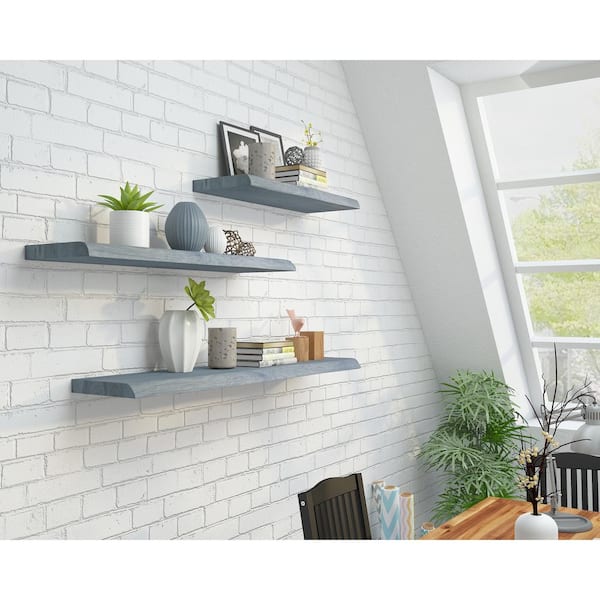 Interbuild Solid 2.9 ft. L x 10 in. D x 1.5 in. T, Acacia Butcher Block Countertop Floating Wall Shelf, Dusk Grey with Live Edge
