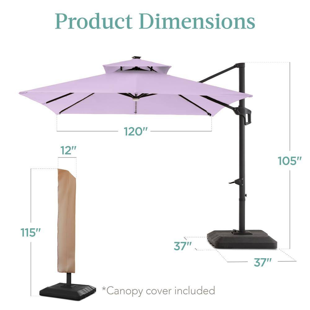 Lavender 10x10ft 2-Tier Square Outdoor Solar LED Cantilever Patio Umbrella