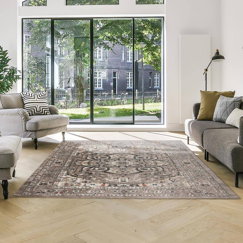 Beige and Brown Tufted Synthetic 8' x 10' Area Rug
