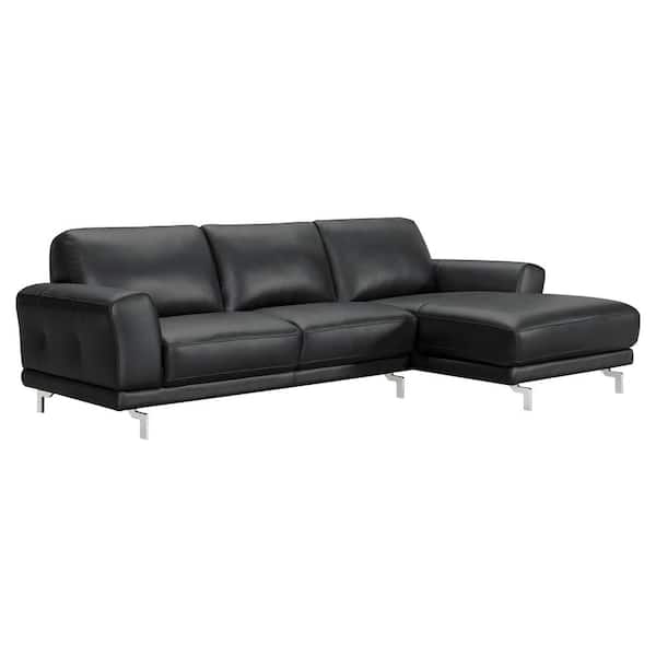 Armen Living Everly Black Genuine Leather Contemporary Sleep Sectional with Brushed Stainless Steel Legs