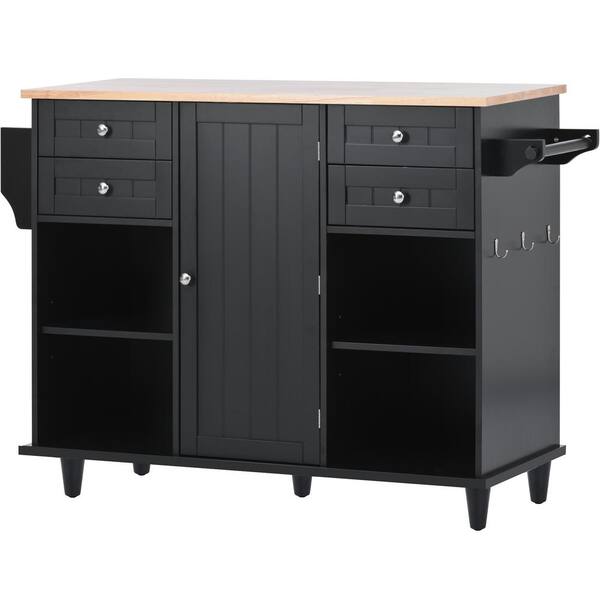 Polibi Black Kitchen island cart with Spice Rack, Towel Rack, Drawers, Rubber wood Top and 5-wheels