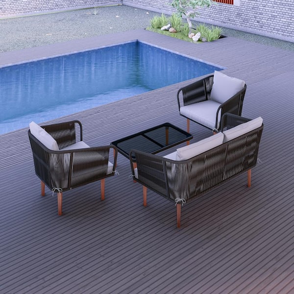 4-Piece Rope Grey The ODK-FAS-BG-AB Woven FASSANO Set Depot Home Patio - Cushions with