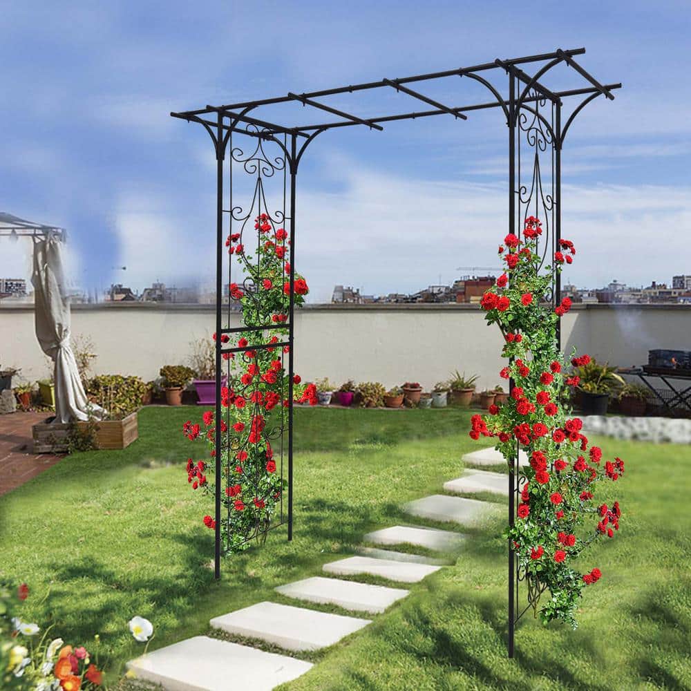 Black 81.1 in. x 59 in. Metal Garden Arch Arbor Trellis Outdoor Wedding Par