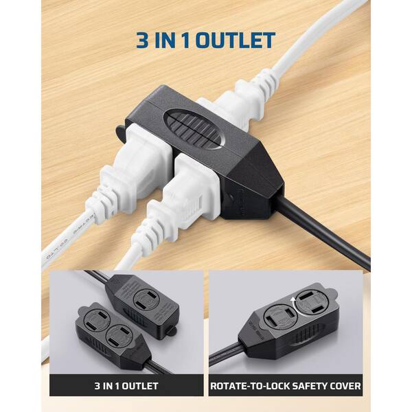 Plugrand 2-Prong Extension Cord, 2FT With 3 Outlets & Switch | 16AWG, 13A, UL Listed, Black - View #3
