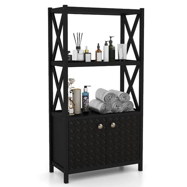 25 in. W x 12 in. D x 47 in. H Black MDF Freestanding Linen Cabinet with Open Shelves and Double Doors
