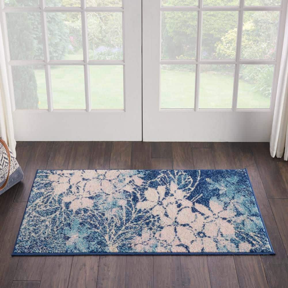 Navy & Pink Floral Viscose 2' x 4' Easy-Care Area Rug