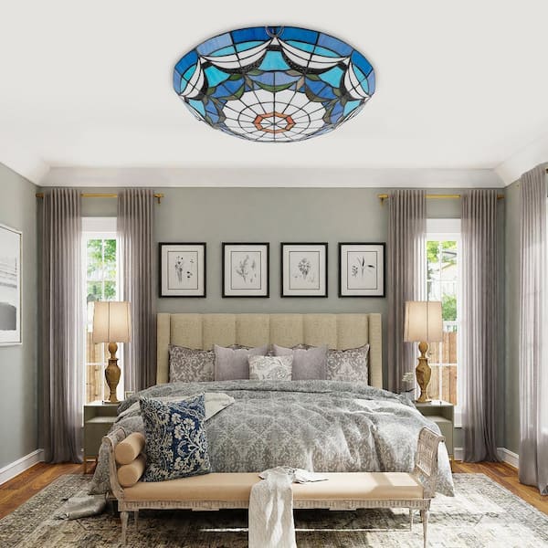 OUKANING 15.74 in. 3-Light Blue Retro Flush Mount Ceiling Light