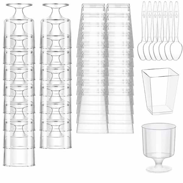 300-Pack 5 fl. oz. Clear Plastic Dessert Cups and Spoons Set with Square and Round Goblet Styles