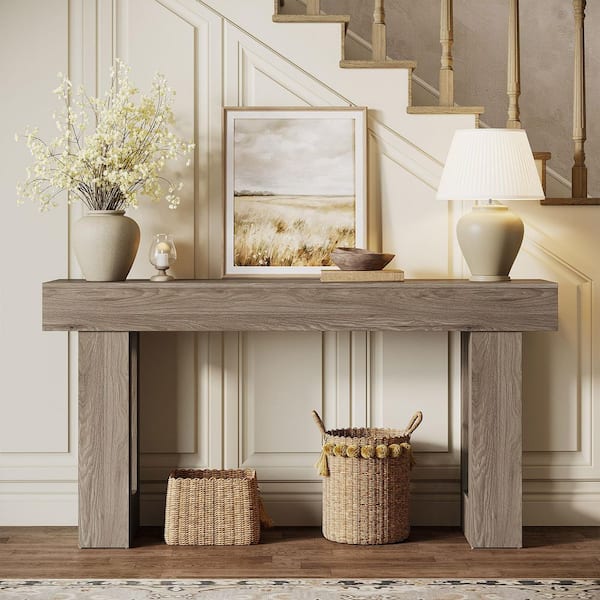 BYBLIGHT Turrella 63 in. W Gray Rectangle Wood Sofa Console Table, Farmhouse Behind Couch Table for Living Room, Hallway