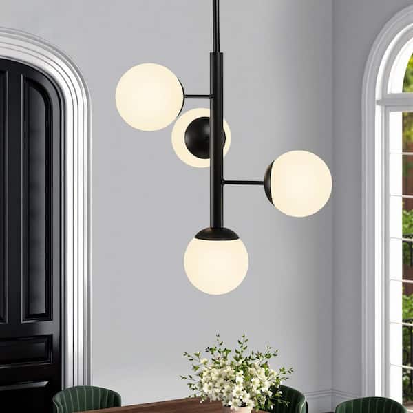 4-Light Modern Black Sputnik Linear Chandelier With Glass Globe Shades Mid Century Kitchen Pendant Light for Dining Room