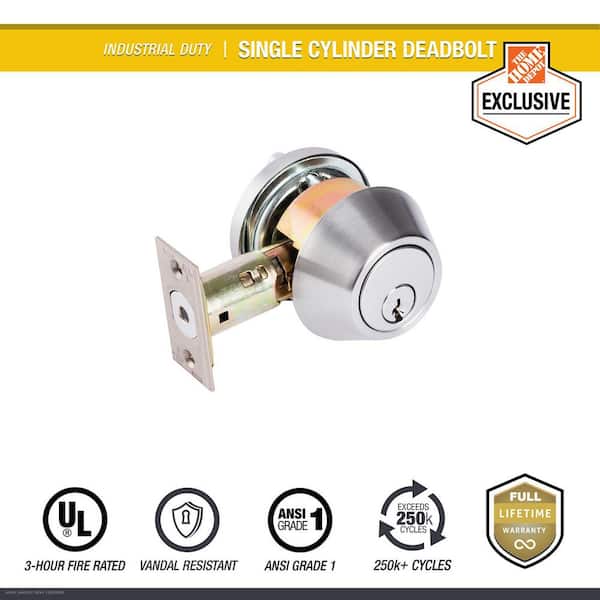 Industrial Duty Commercial Single Cylinder Deadbolt, UL 3-Hour Fire ANSI Grade 1, Satin Chrome Finish